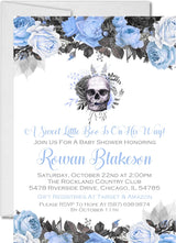 skull baby shower invitations blue rose gothic design