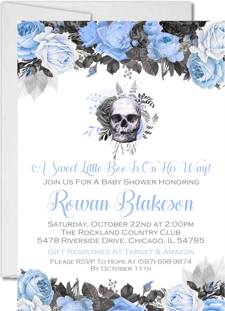 skull baby shower invitations blue rose gothic design
