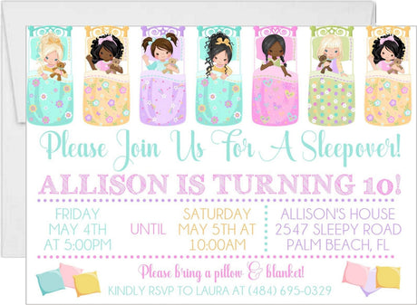 sleepover birthday party invitations pastel pajama design