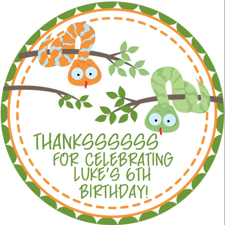 snake and chameleon party sticker with playful jungle design