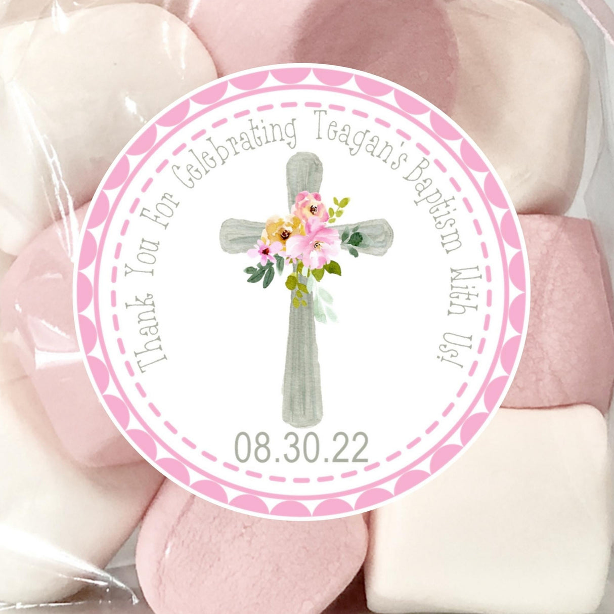soft pink floral baptism sticker with stone cross
