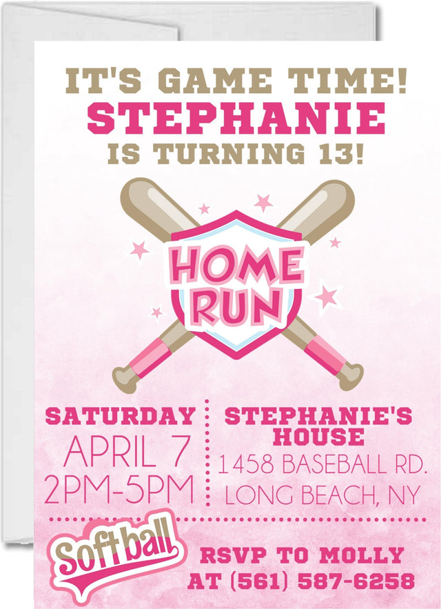 softball birthday party invitations pink home run design