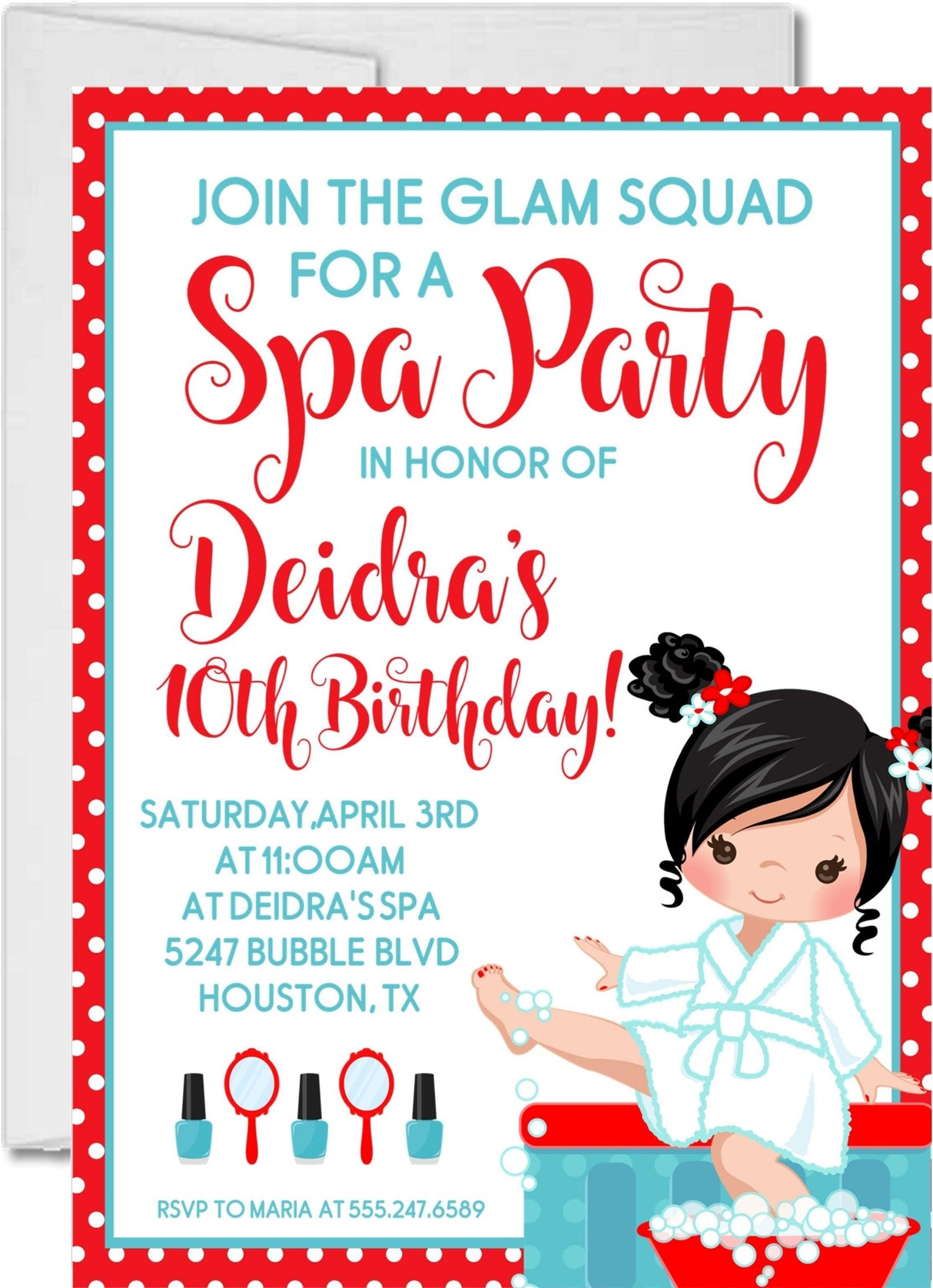 spa birthday party invitations red teal pamper design