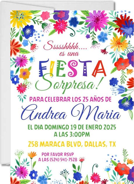 spanish fiesta surprise party invitations colorful floral design