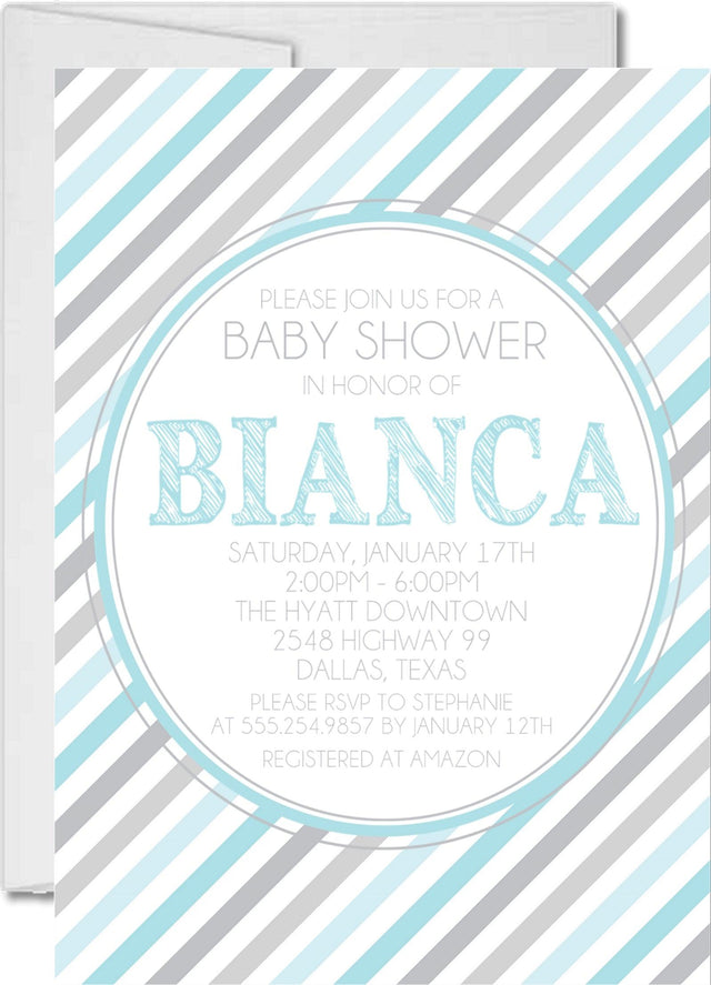 striped baby shower invitations blue gray pattern design