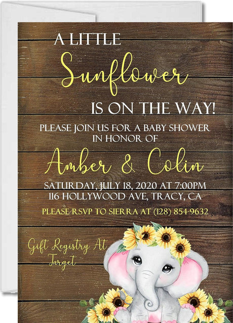 sunflower elephant baby shower invitations rustic floral design