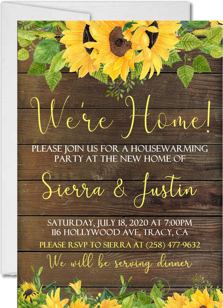 sunflower housewarming invitations rustic wood floral design