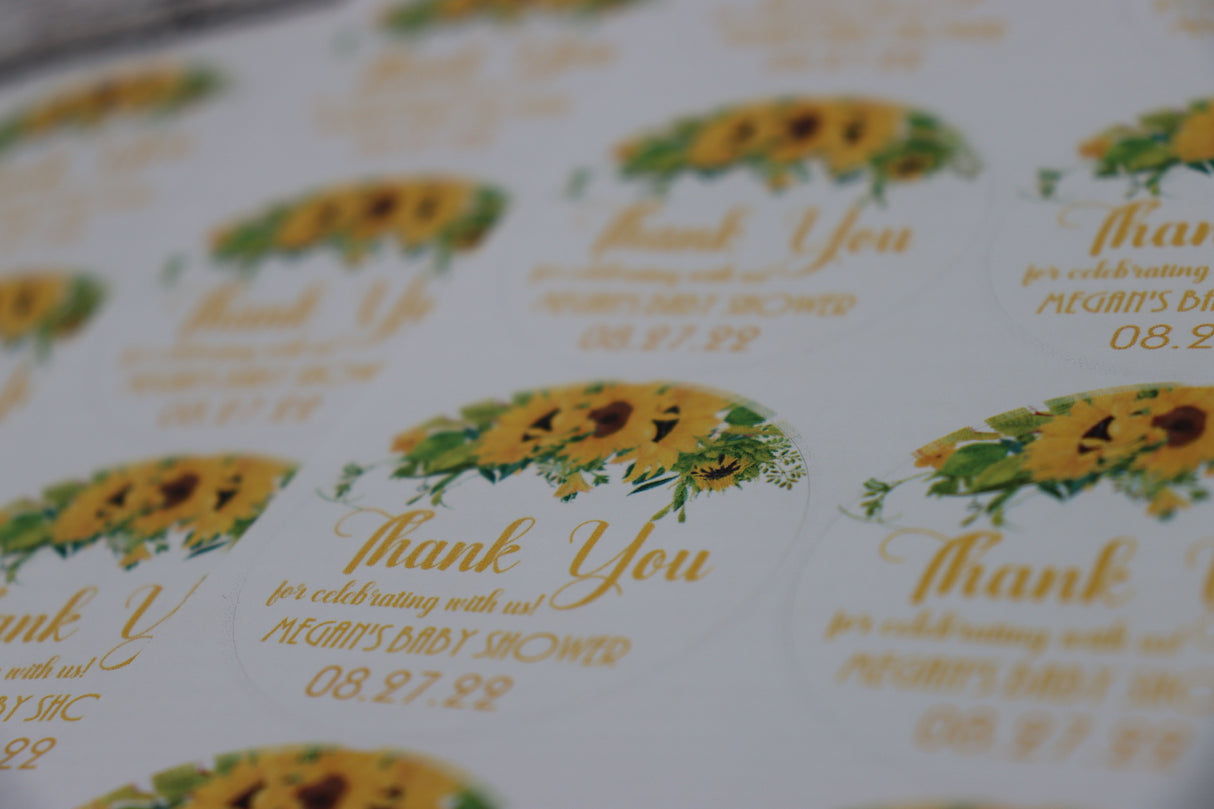 Sunflower Baby Shower Stickers – Thank You for Celebrating with Us