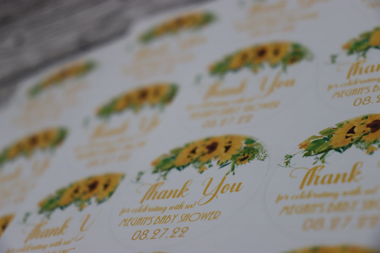 Sunflower Baby Shower Stickers – Thank You for Celebrating with Us