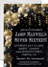 super sixteen invitations black gold balloon design