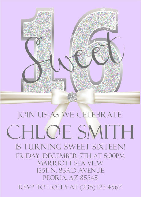 sweet 16 birthday invitations lavender silver glitter design