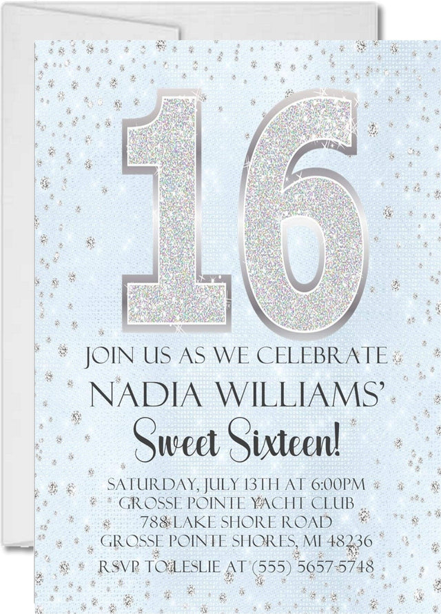 sweet 16 birthday invitations pastel blue silver glitter design