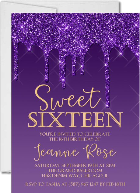 sweet 16 invitations purple sparkling drip design