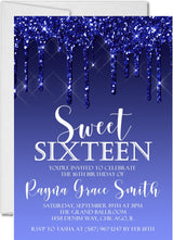 sweet 16 invitations royal blue drip design