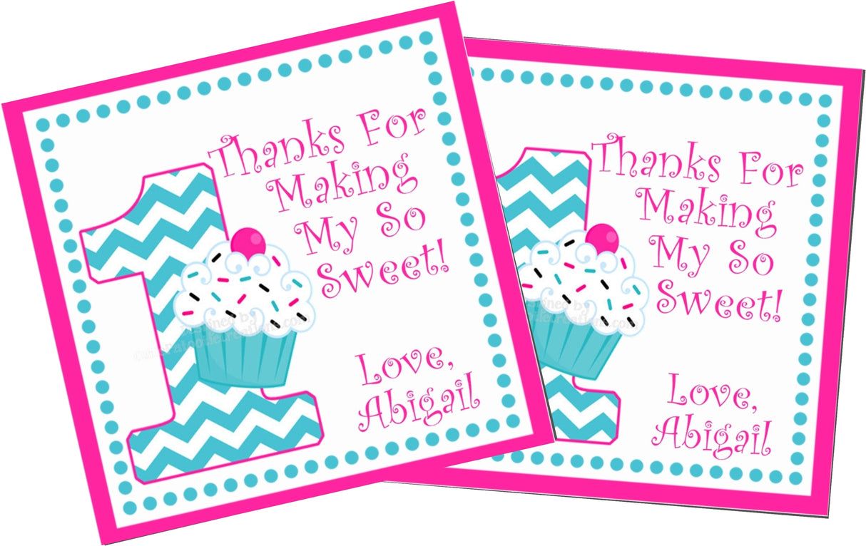 teal pink chevron cupcake 1st birthday sticker