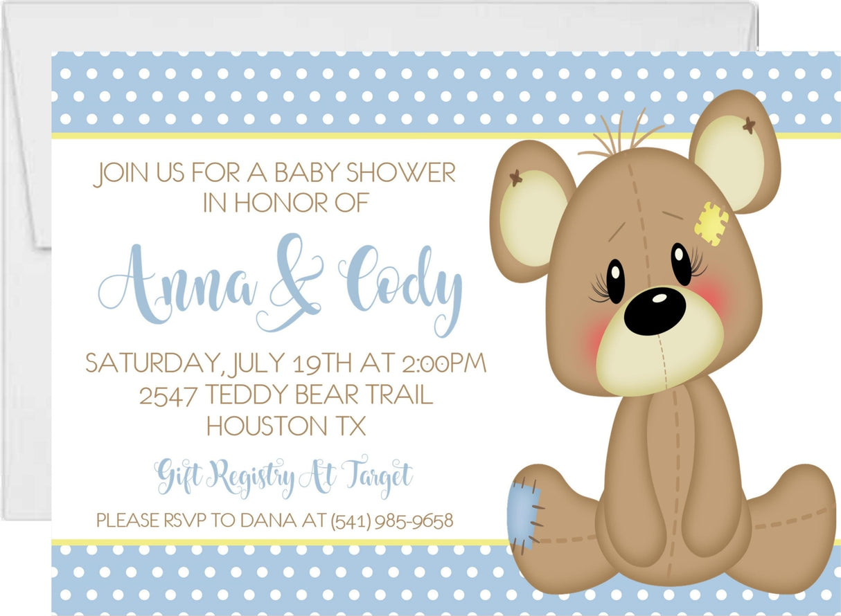 teddy bear baby shower invitations blue polka dot design