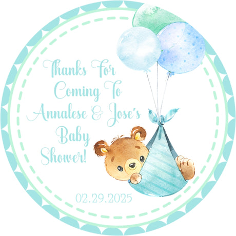 teddy bear baby shower sticker with blue balloons and baby bundle soft pastel theme