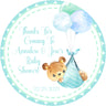 teddy bear baby shower sticker with blue balloons and baby bundle soft pastel theme