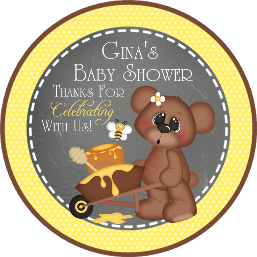 teddy bear baby shower sticker with honey pot bees and yellow daisy floral accents on chalkboard background