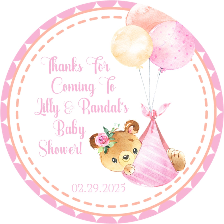 teddy bear baby shower sticker with pink balloons and baby bundle watercolor design