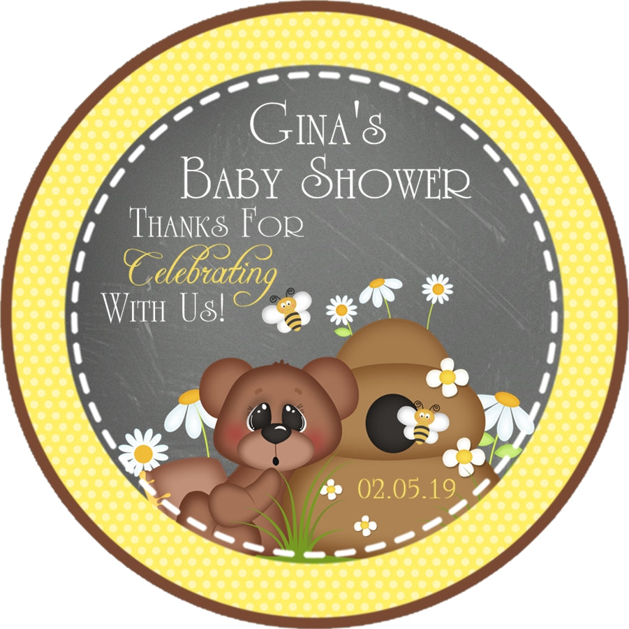 teddy bear bee baby shower sticker with honeycomb hive daisies and buzzing bees rustic theme