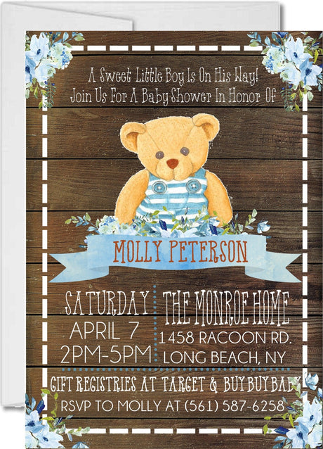 teddy bear boy shower invitations wood background theme