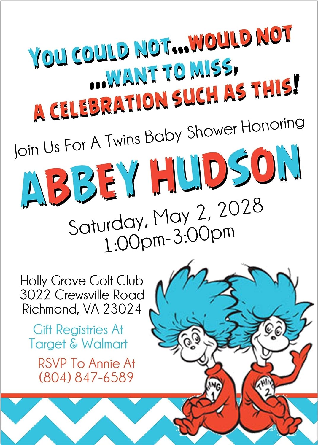 thing 1 thing 2 twin baby shower invitations red blue design