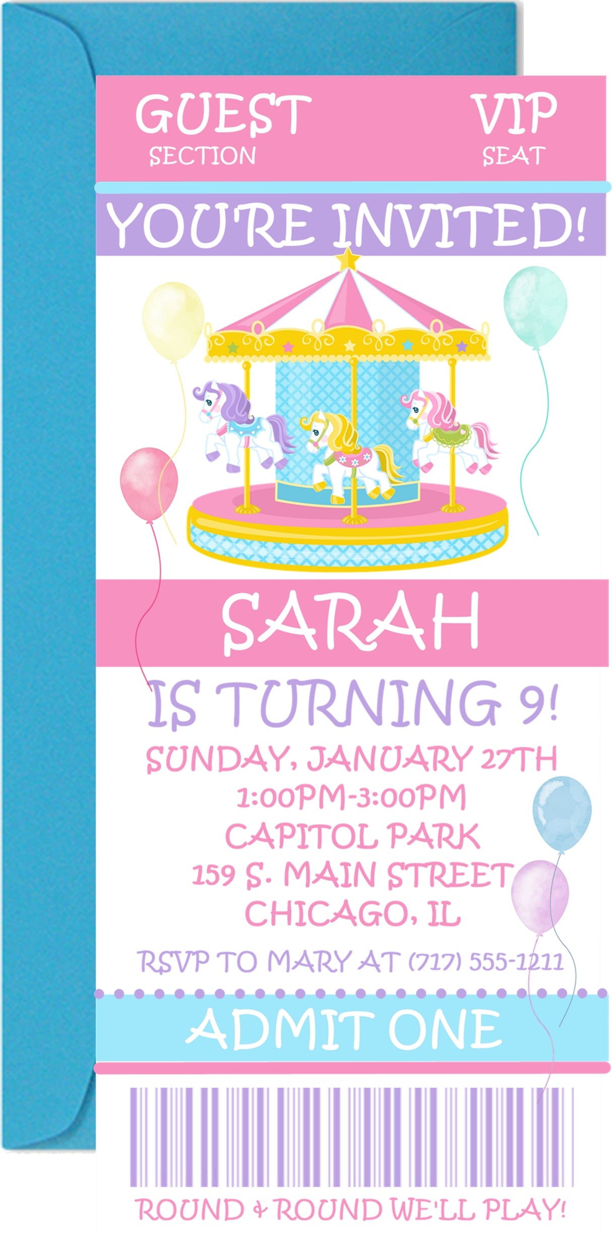 Carousel Birthday Ticket Invitations