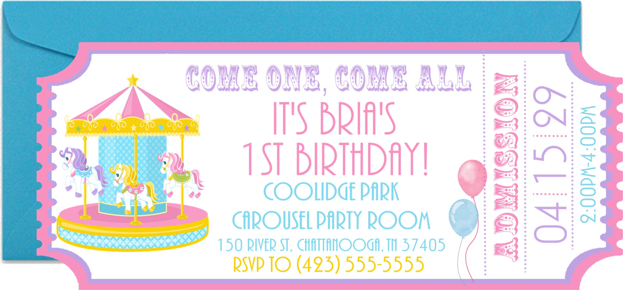 Carousel Birthday Ticket Invitations