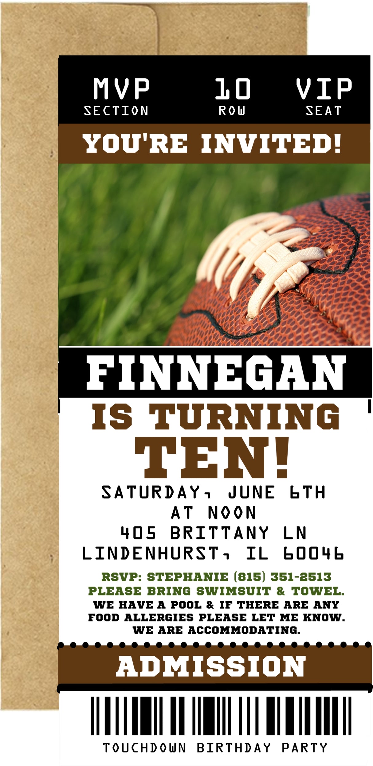 Football Birthday Party Ticket Invitations