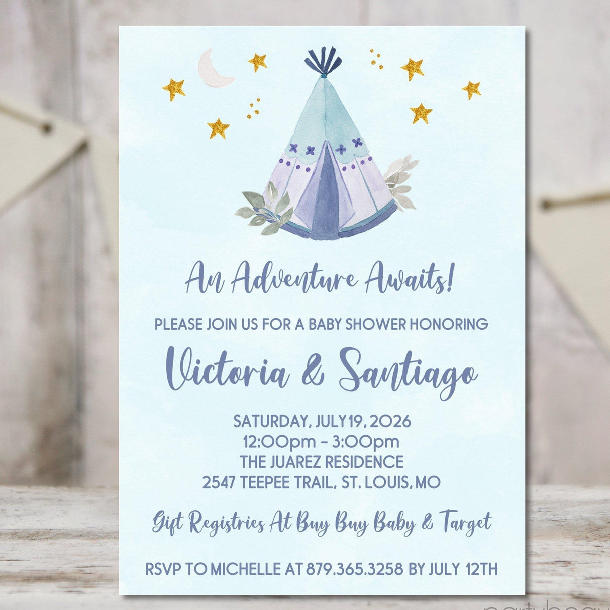 tribal adventure baby shower invitations gold star theme