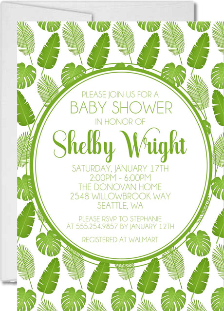 tropical baby shower invitations green palm leaf design