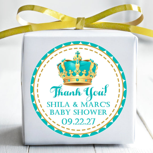 turquoise and gold royal crown baby shower sticker