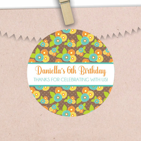 turquoise and orange floral birthday sticker