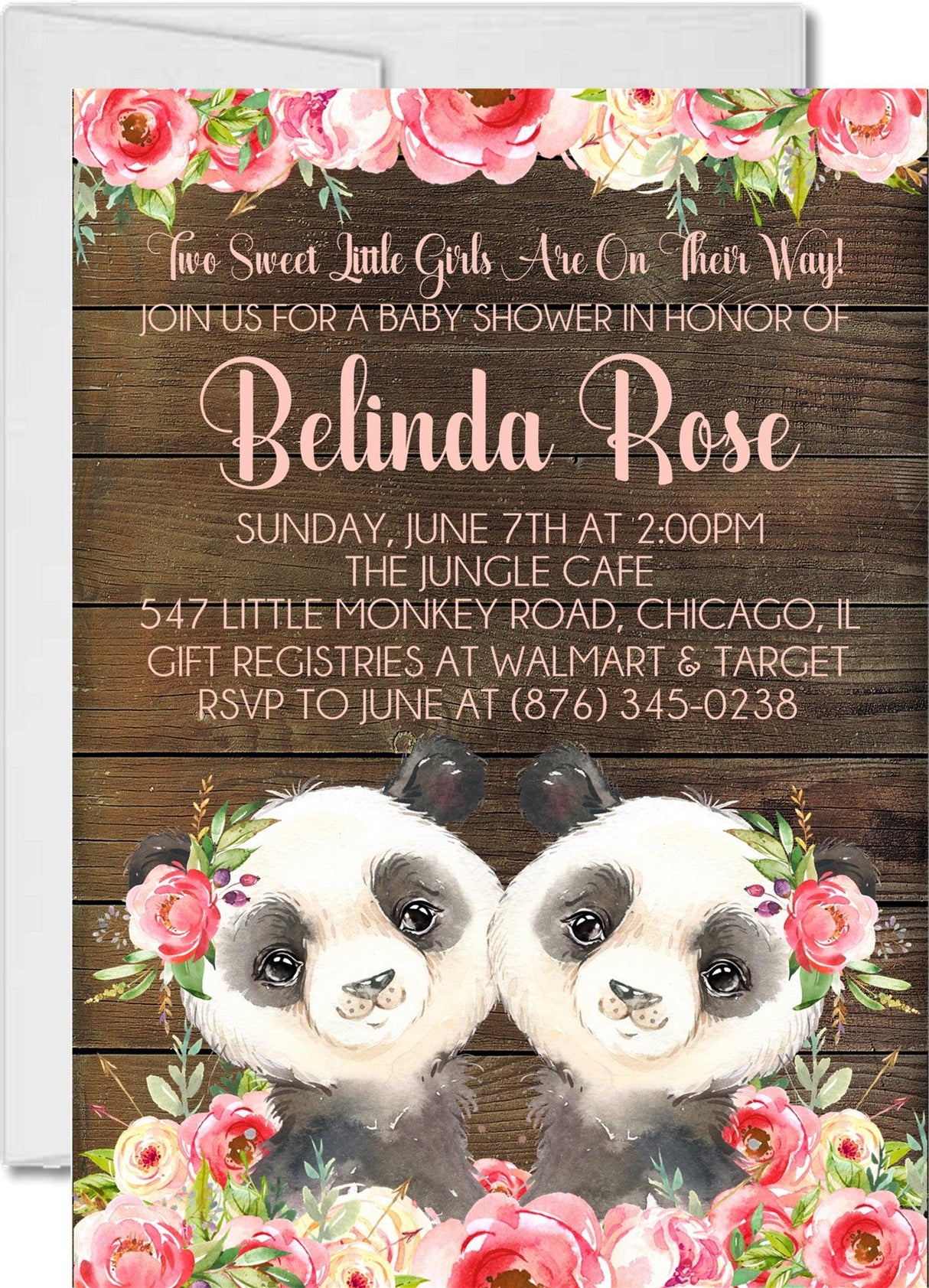 twin panda baby shower invitations girls pink rustic theme