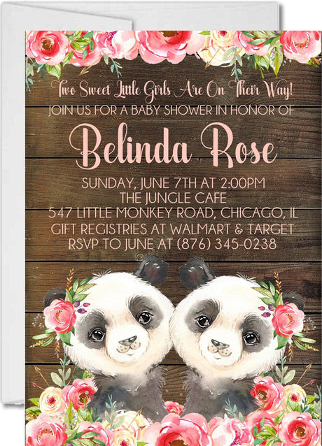 twin panda baby shower invitations girls pink rustic theme