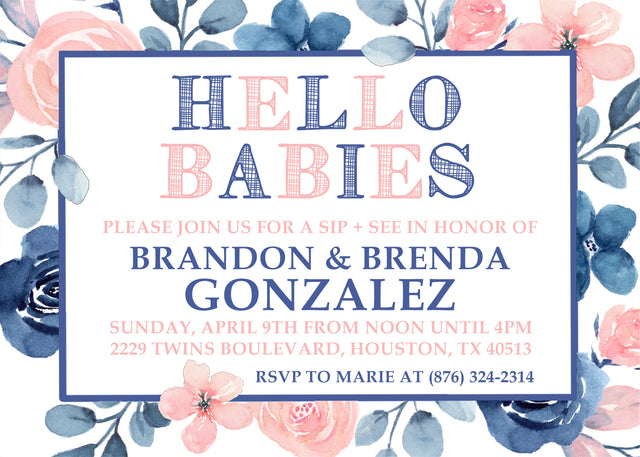 twin sip and see invitations blue blush floral design