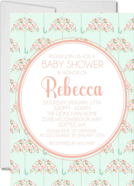 umbrella baby shower invitations mint coral pattern design