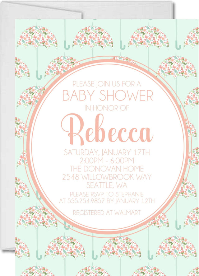 umbrella baby shower invitations mint coral pattern design