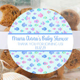 under the sea baby shower sticker with blue font