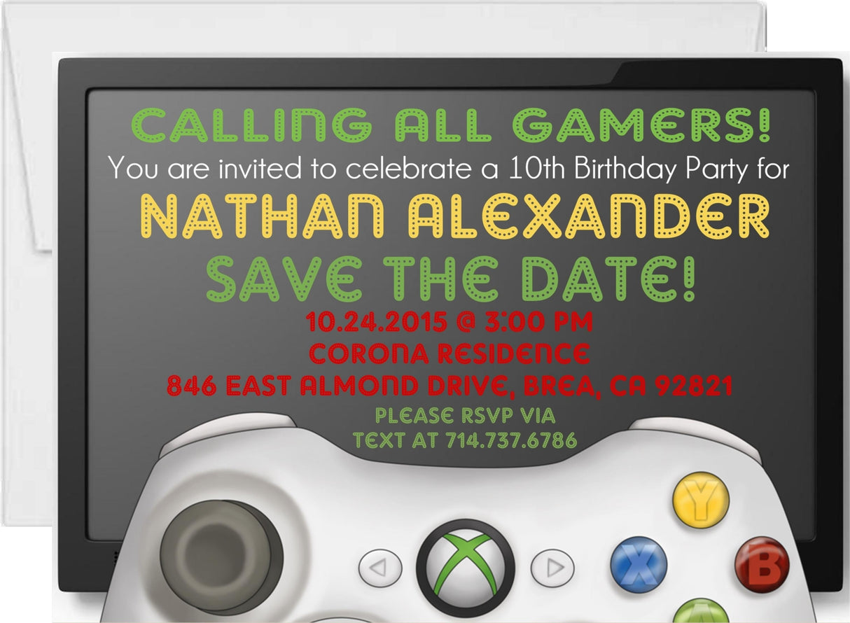 video game birthday party invitations black green gamer design