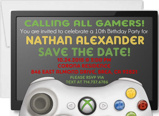 video game birthday party invitations black green gamer design