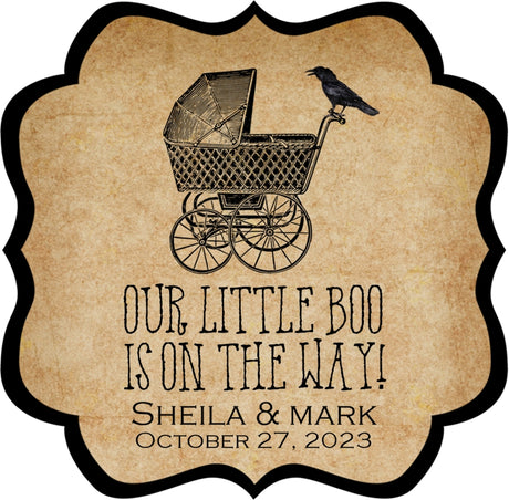 vintage little boo baby shower sticker with antique baby carriage