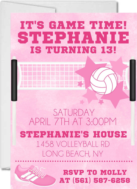 volleyball birthday party invitations pink sports design