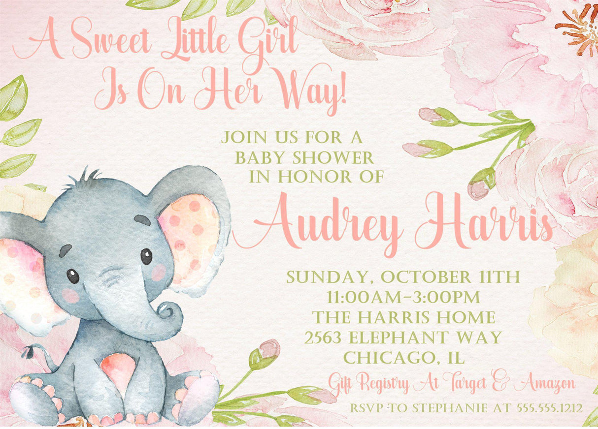 watercolor elephant baby shower invitations blush pink theme