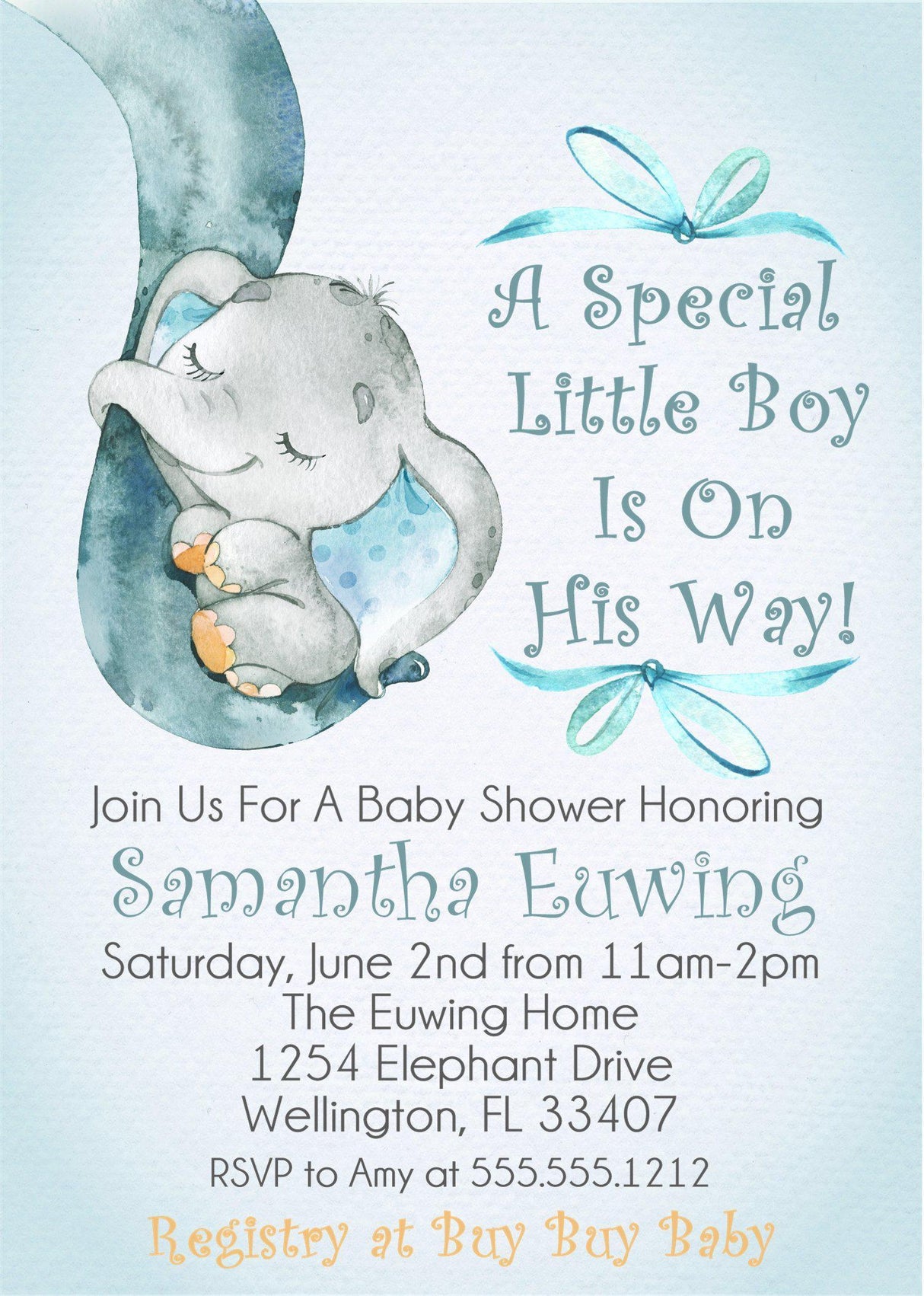 watercolor elephant baby shower invitations soft blue theme
