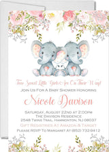 watercolor elephant twins baby shower invitation cards elegant floral style