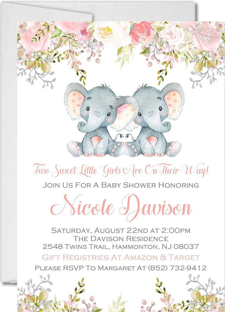 watercolor elephant twins baby shower invitation cards elegant floral style