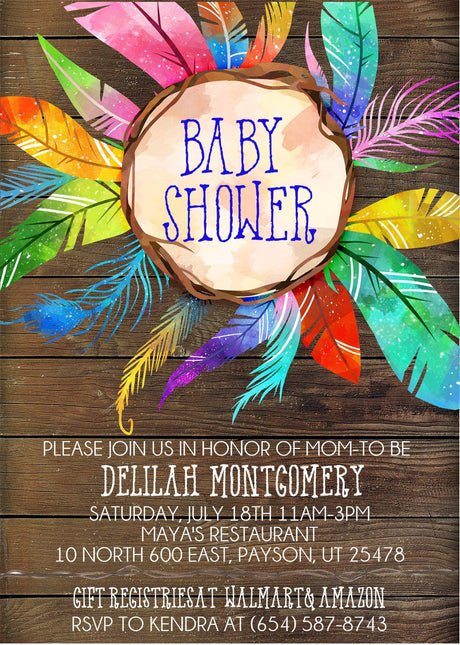 watercolor feather baby shower invitations rustic wood theme