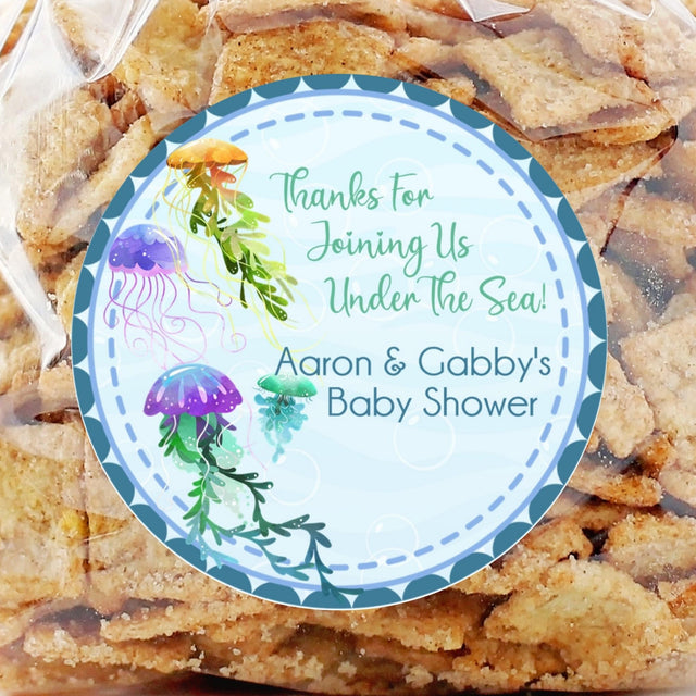 watercolor jellyfish baby shower sticker with teal text